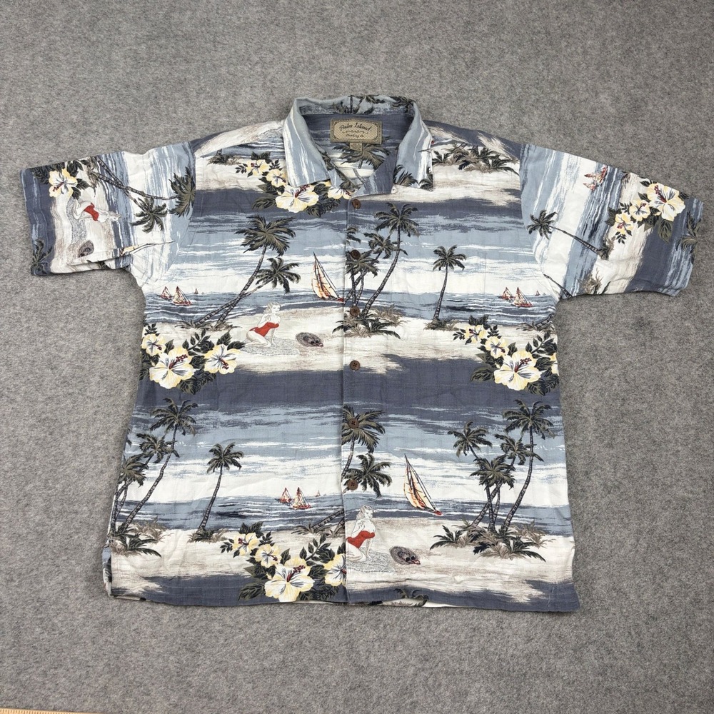 Palm Island Hawaiian Shirt Mens Large Blue Tropical Pinup Girl Sailboat Beach